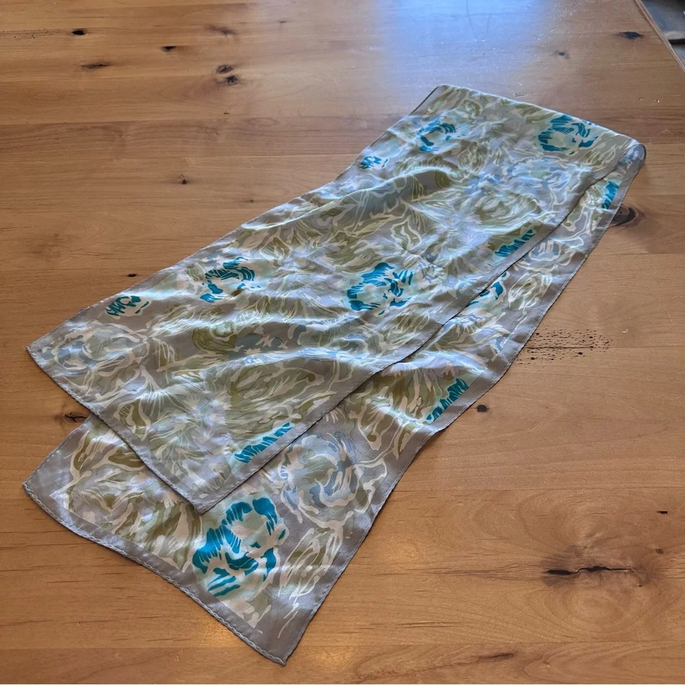 Floral Patterned Vintage Silk Rectangular Scarf in Blue and Silver